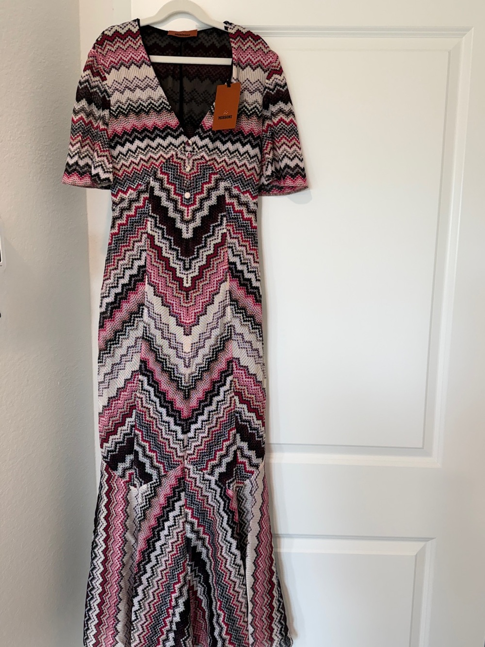 Missoni Chevron Knit Maxi Dress Pink/Black/White V-Neck Short Sleeve IT Size 40